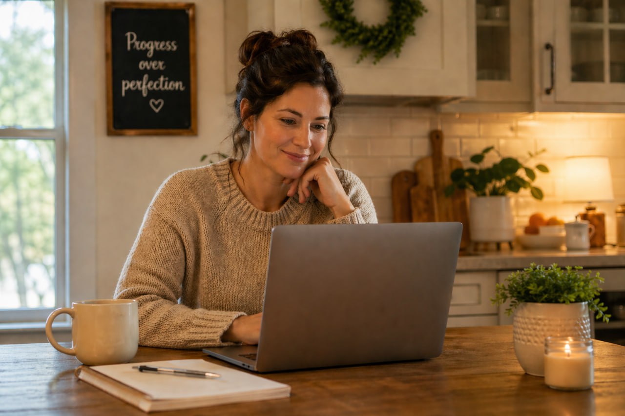 Mother using a laptop at home