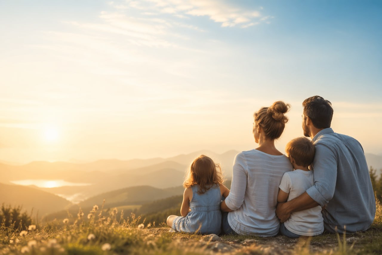 Family sitting together and looking out over a peaceful landscape