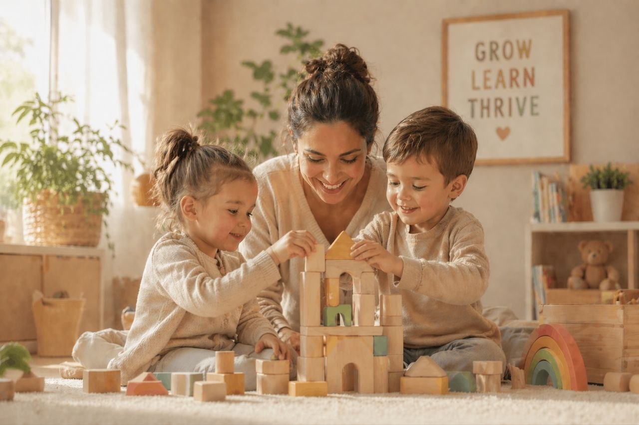 Parent and children building together